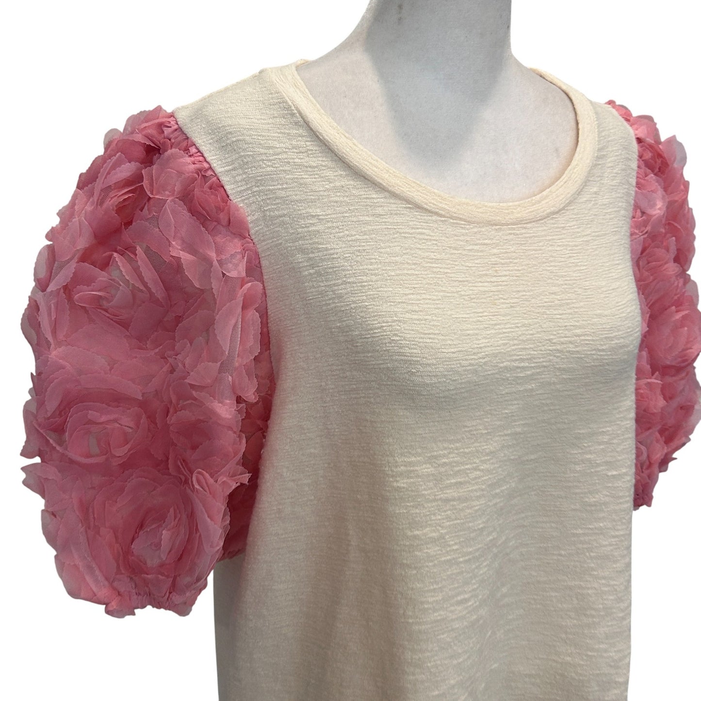 Maeve Anthropologie Ivory and Pink Tulle Puff Short Sleeve Top Womens Size Large