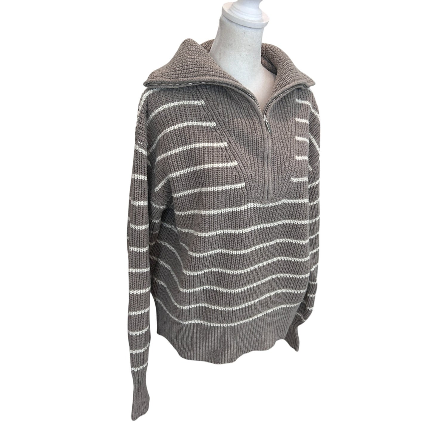 Z Supply NWT Villa Half Zip Sweater Taupe and White Stripe Womens Size Medium