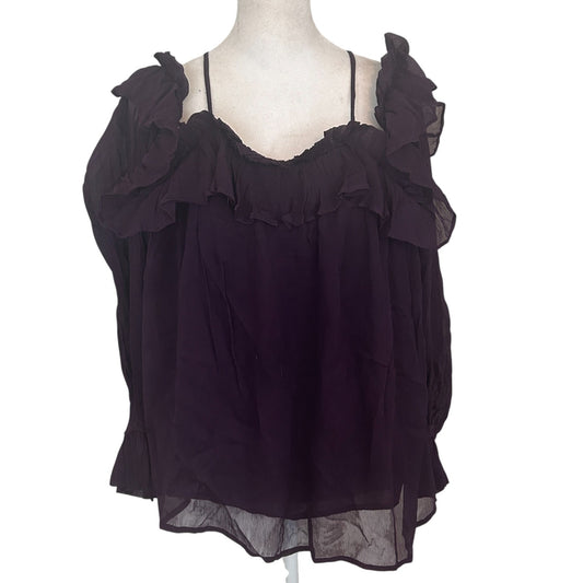 Anthropologie Dark Plum Purple Ruffled Cold Shoulder Blouse Womens Size Large