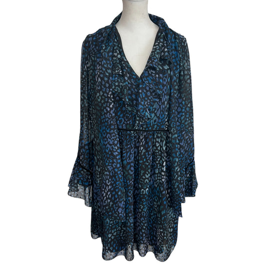 Laundry by Shelli Segal Blue Black Cheetah V-Neck Ruffled Dress Womens Size 8