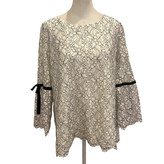 Karl Lagerfeld Paris Black / White Lacy Bell Sleeve Top Blouse Womens Size Large