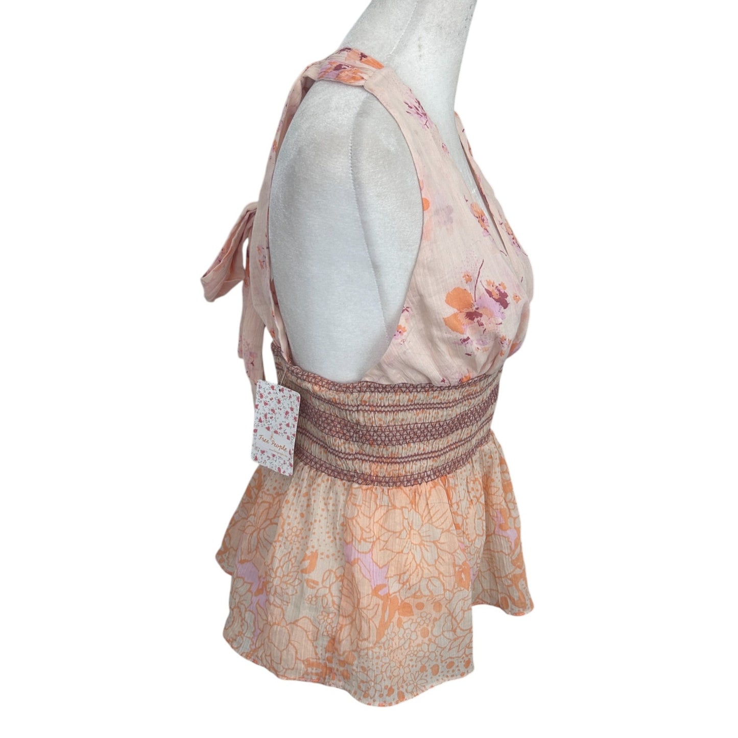 Free People NWT Brinkley Smocked Tan Pink Orange Floral Womens Size Small NEW