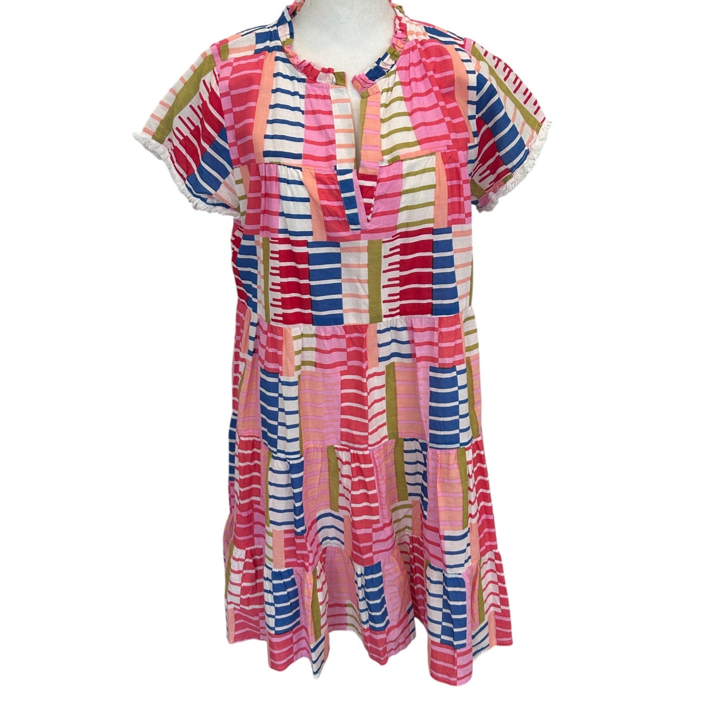 THML Pink, Green, Blue, White, Geometric Mini Ruffled Dress Womens Size Small