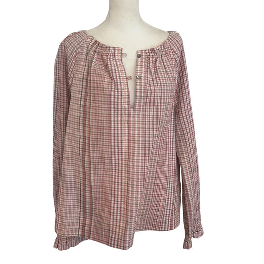 La Vie Rebecca Taylor Pink Plaid Long Sleeve V-Neck Ruffle Top Womens Size Large