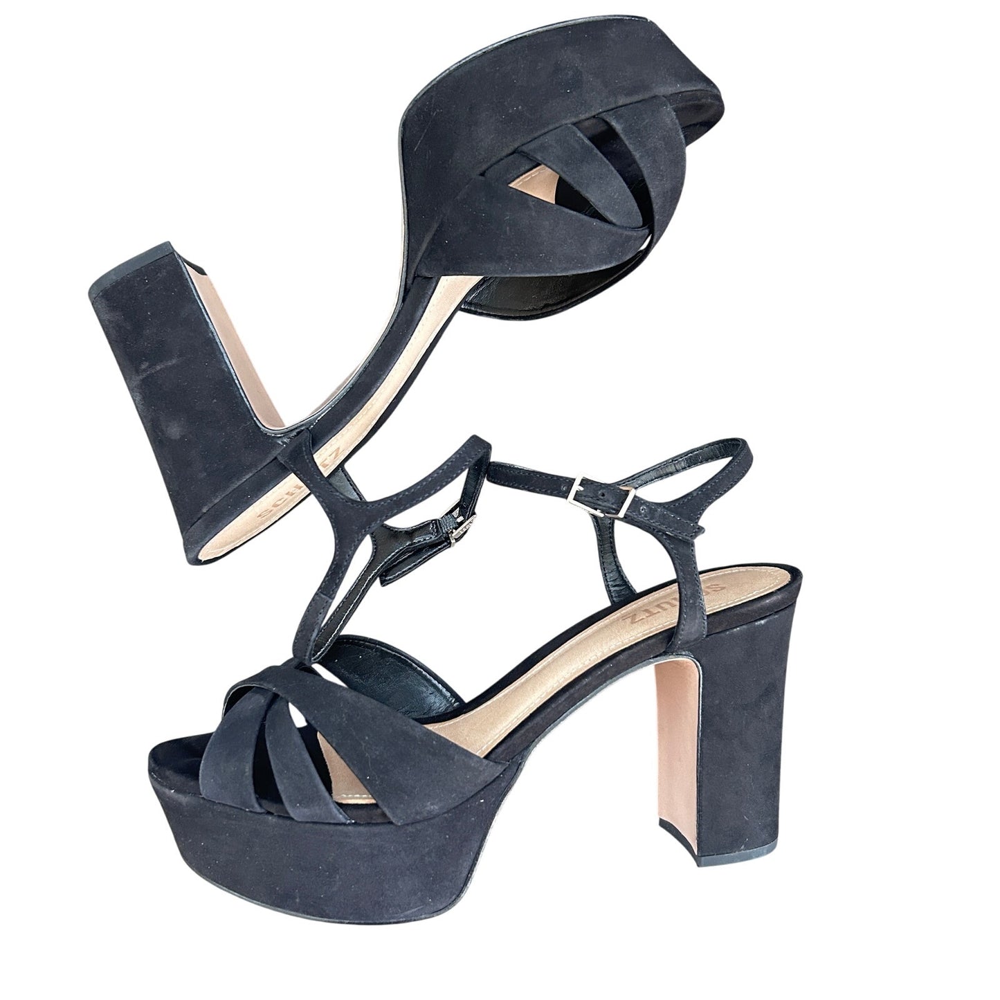 Schutz Keefa Platform Strappy Sandal Heels Black Nubuck Leather Womens Size 9 B