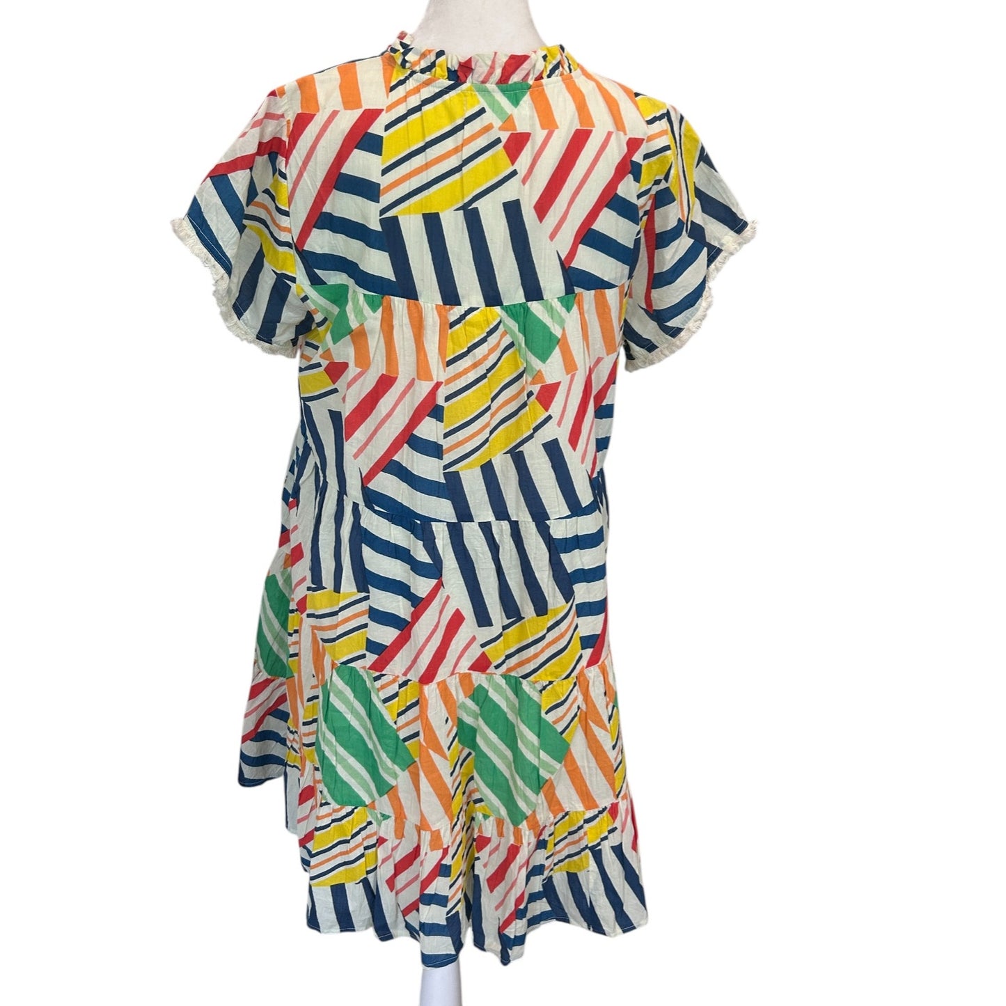 THML Bright Colors Geometric V-Neck Boho Mini Ruffled Dress Womens Size Small