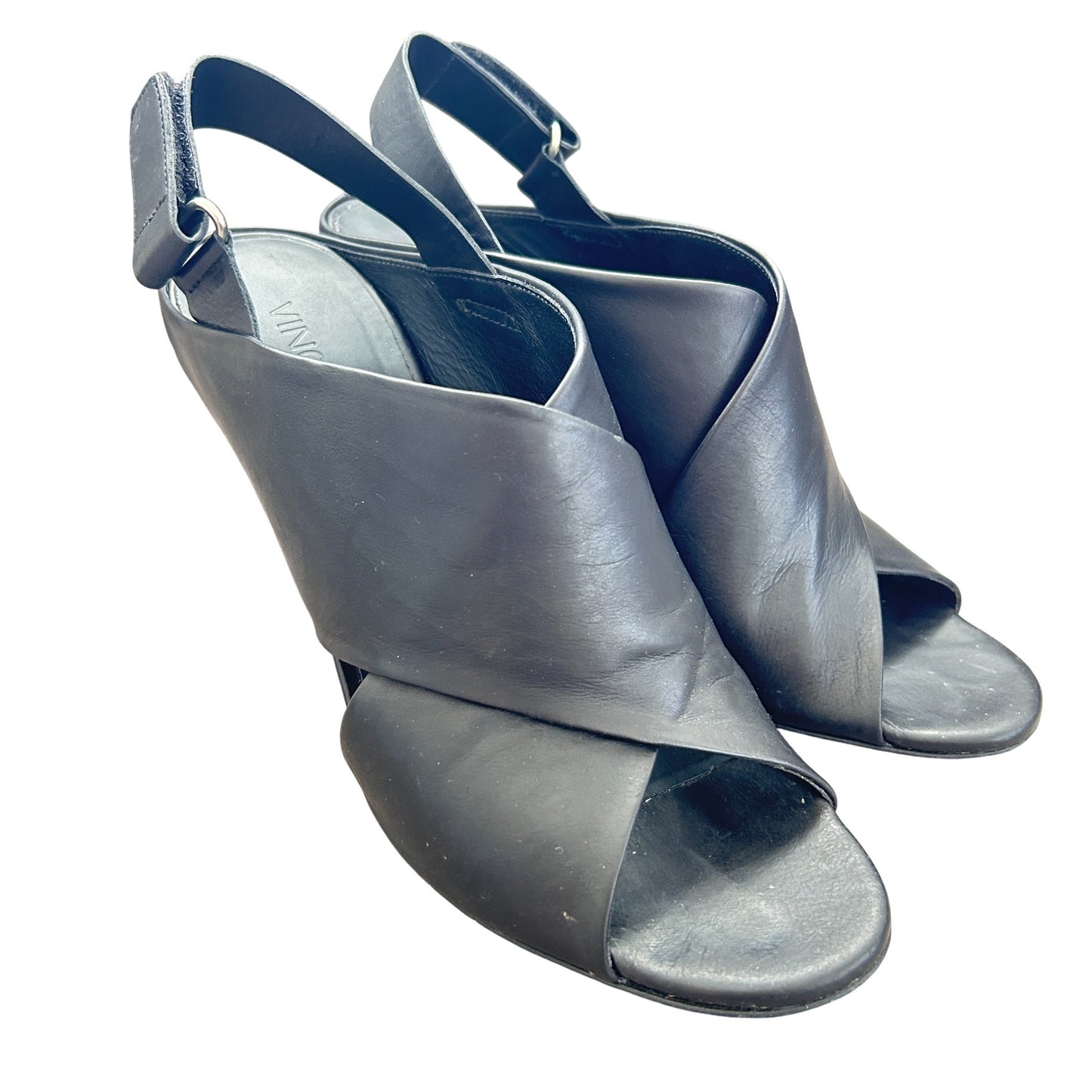 Vince Faine Black Leather Slingback Block Heel Sandal Shoes Womens Size 7.5