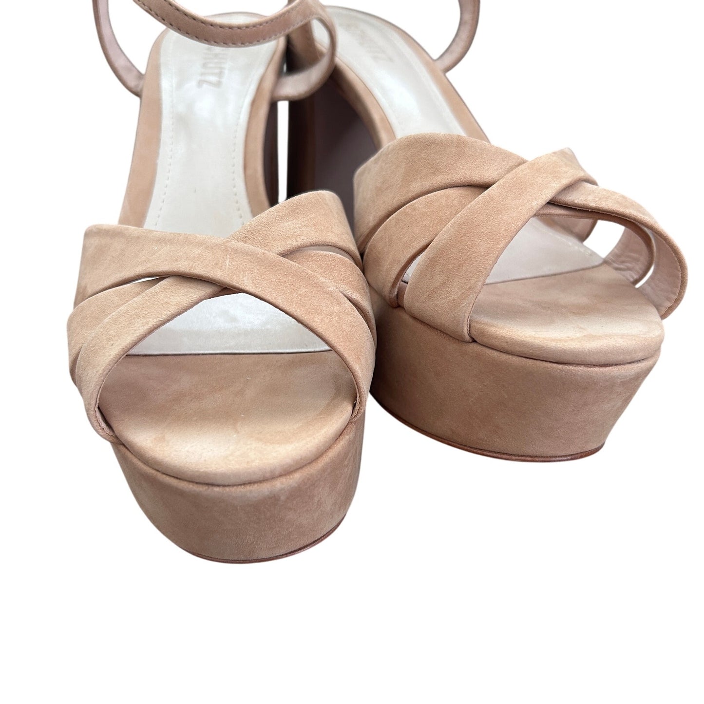 Schutz Keefa Platform Strappy Heels Honey Beige Nubuck Leather Womens Size 8.5