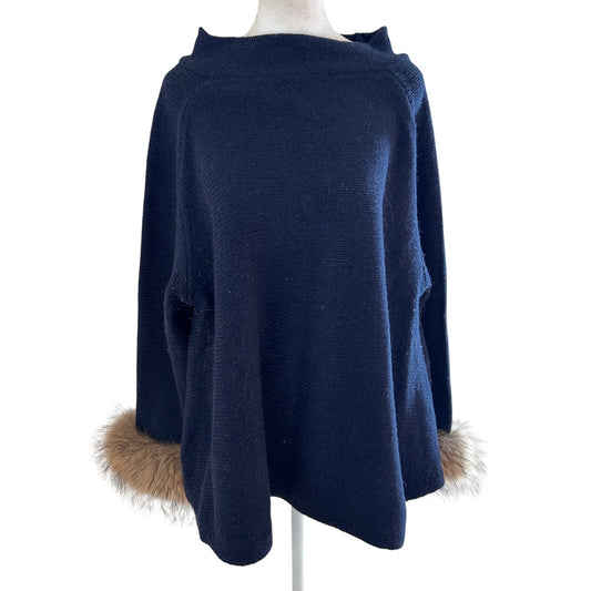 Muche et Muchette Navy Blue Turtleneck Sweater Raccoon Fur Cuffs Womens One Size