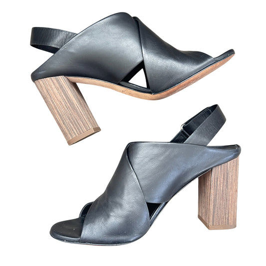 Vince Faine Black Leather Slingback Block Heel Sandal Shoes Womens Size 7.5