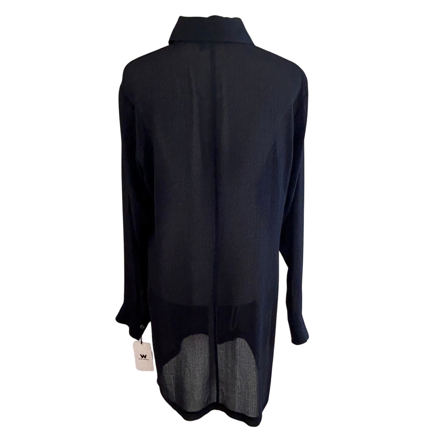W by Worth NEW Navy Blue Long Tunic Sheer Button Down Blouse Womens Size 4 NWT