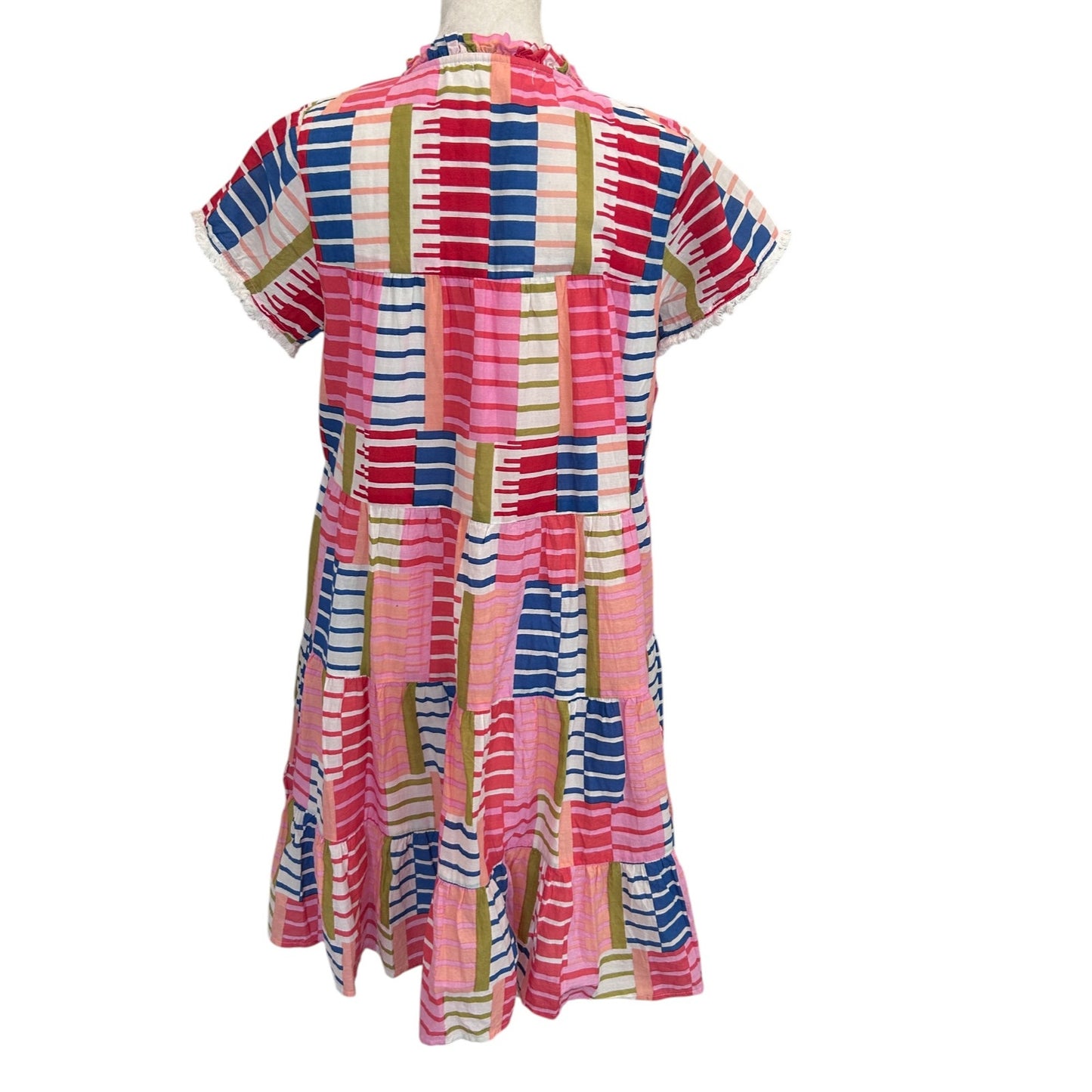 THML Pink, Green, Blue, White, Geometric Mini Ruffled Dress Womens Size Small