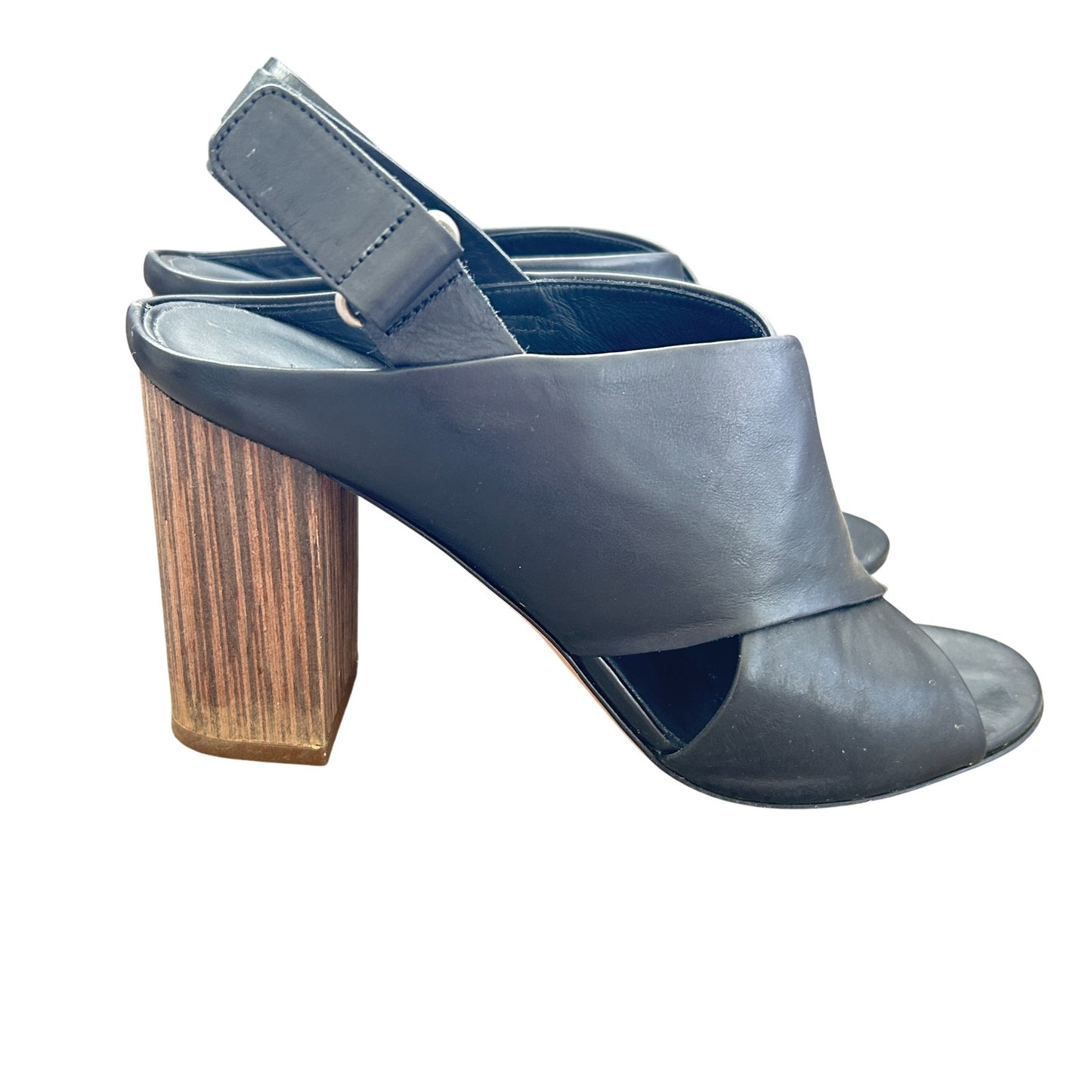 Vince Faine Black Leather Slingback Block Heel Sandal Shoes Womens Size 7.5