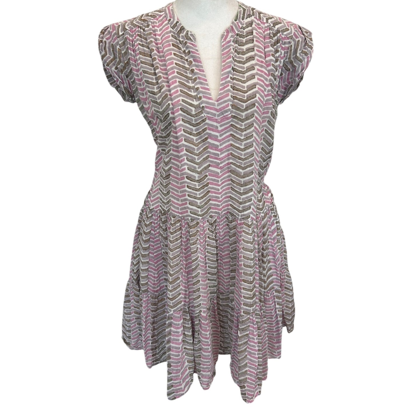 Oliphant Pink Purple V-Neck Short Sleeve Ruffled Dress Boho Womens Size XS