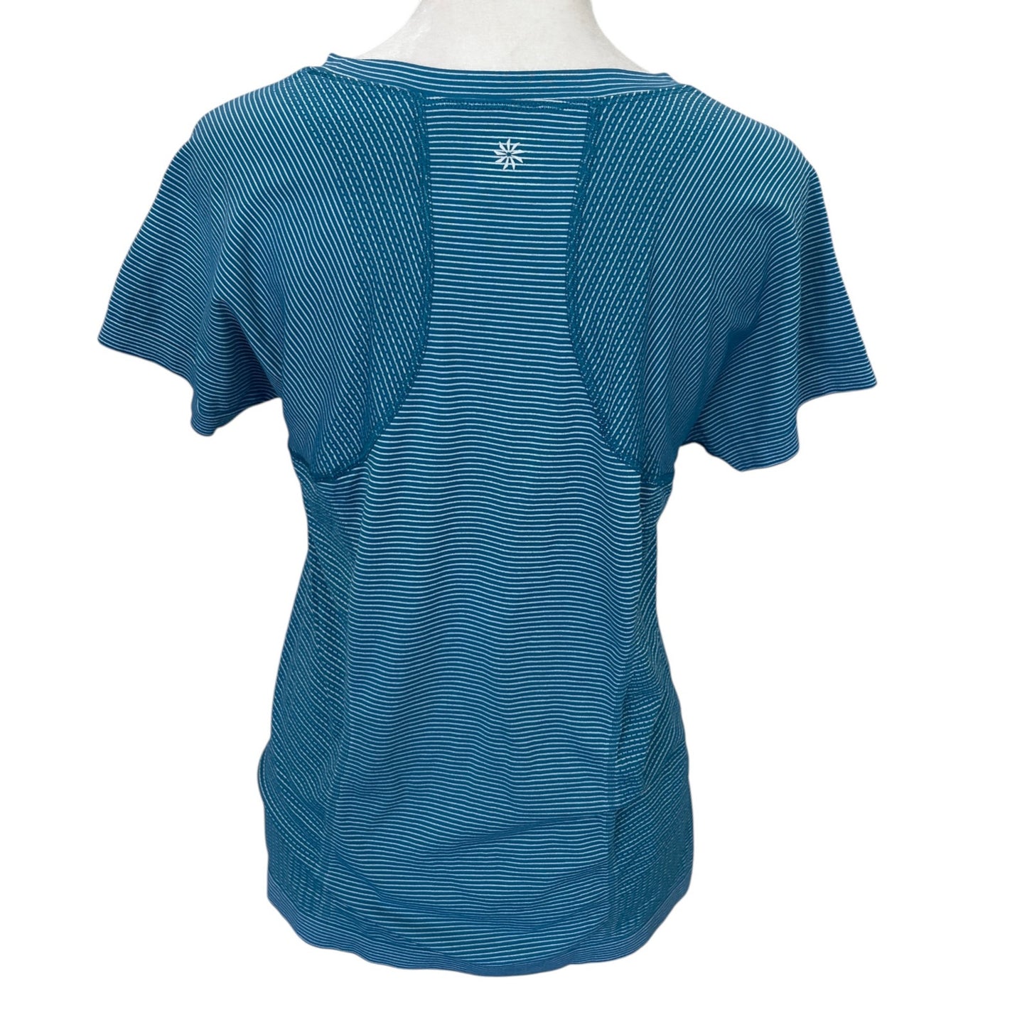 Athleta Teal Mini Stripe Momentum Seamless Short Sleeve Tee Womens Size Medium
