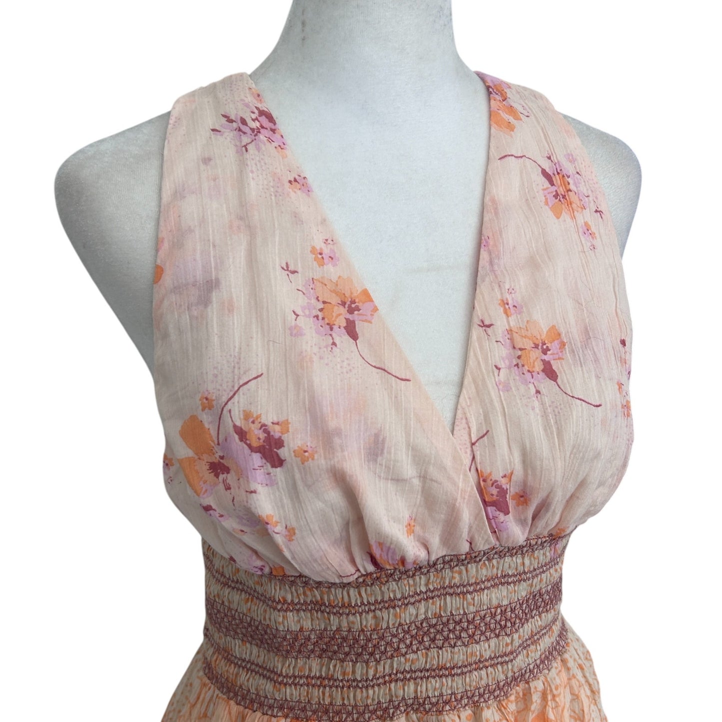 Free People NWT Brinkley Smocked Tan Pink Orange Floral Womens Size Small NEW