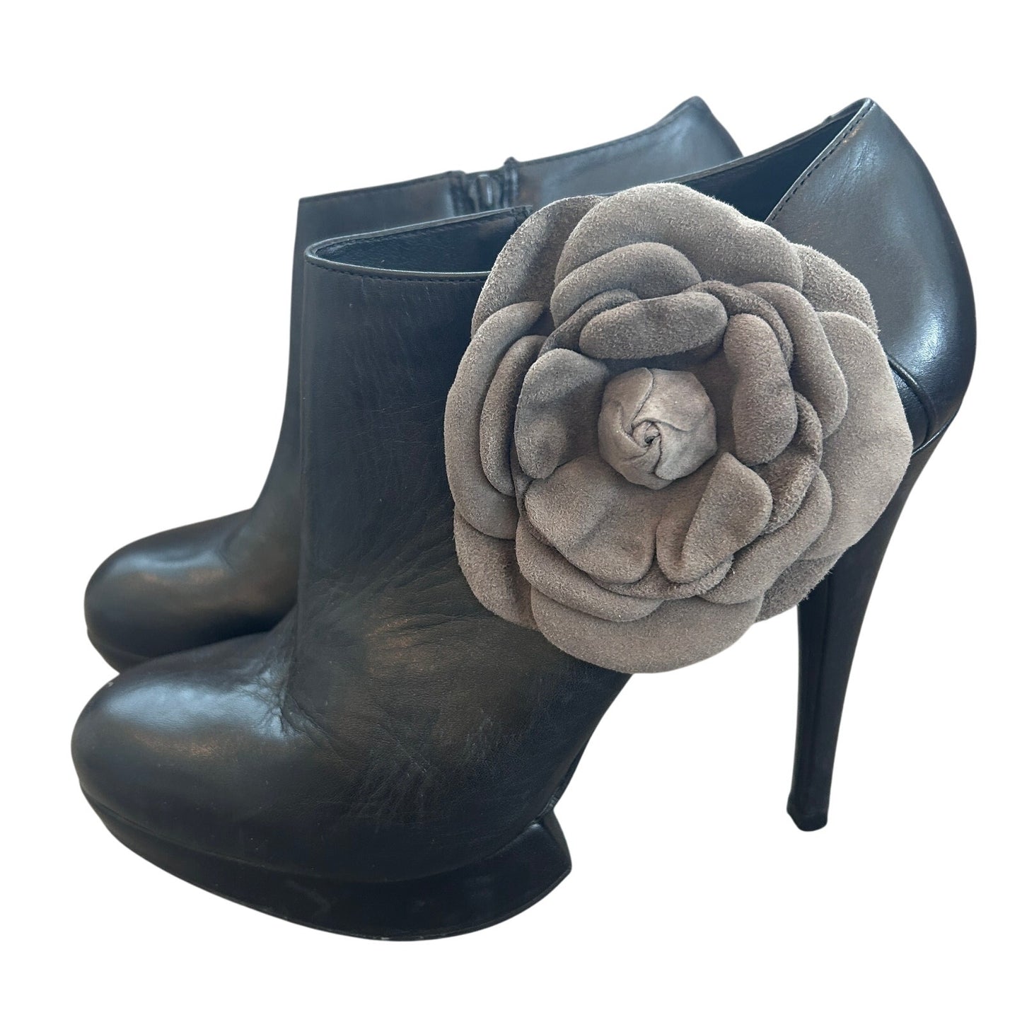 Kelsi Dagger Rosabella Black Grey Leather Heeled Platform Boots Womens Size 8.5