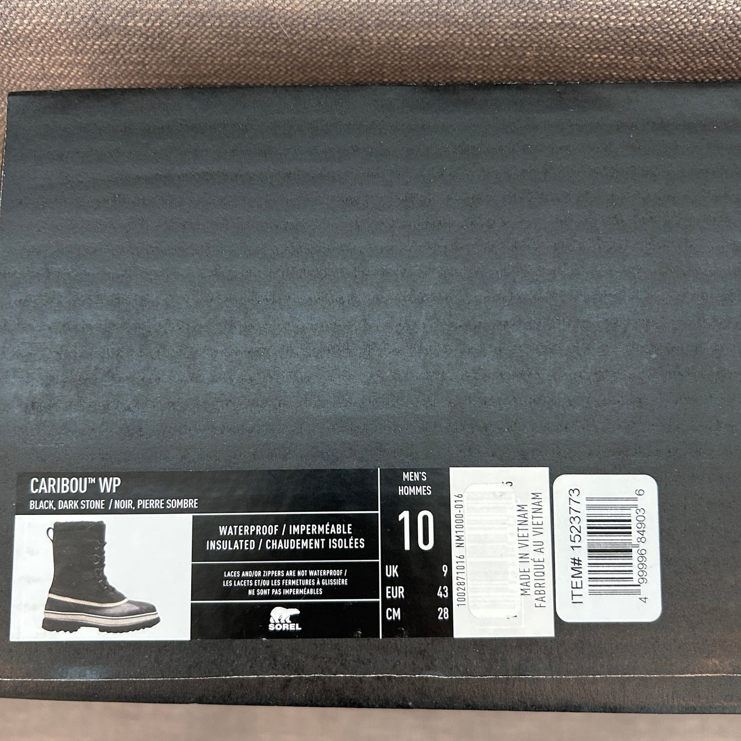 Sorel Caribou Black, Dark Stone Waterproof Insulated Boot Men's Size 10 NEW