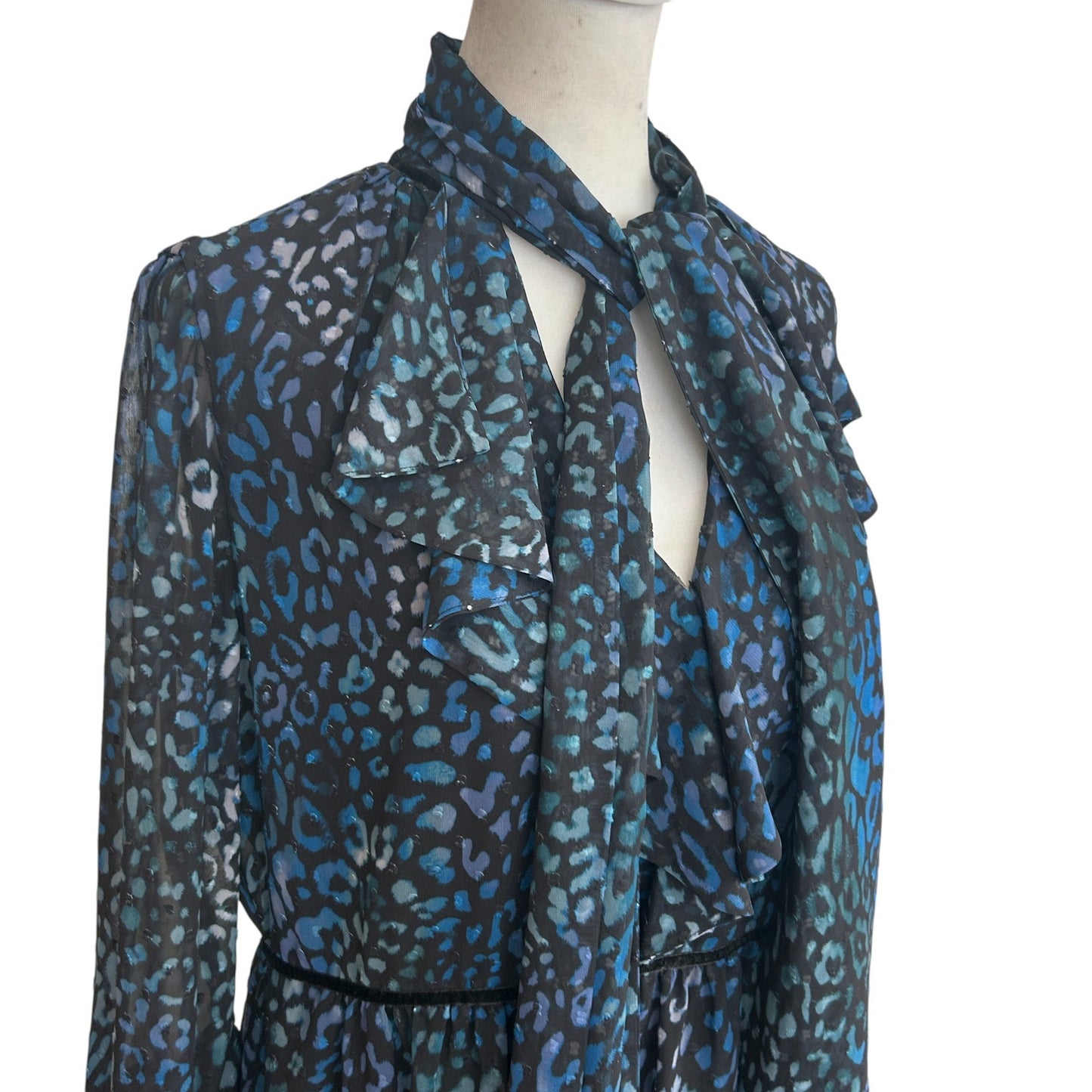 Laundry by Shelli Segal Blue Black Cheetah V-Neck Ruffled Dress Womens Size 8