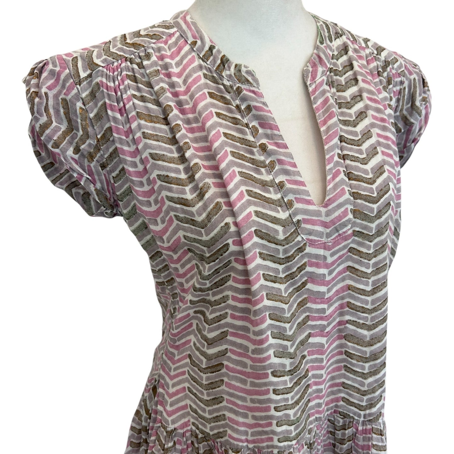 Oliphant Pink Purple V-Neck Short Sleeve Ruffled Dress Boho Womens Size XS