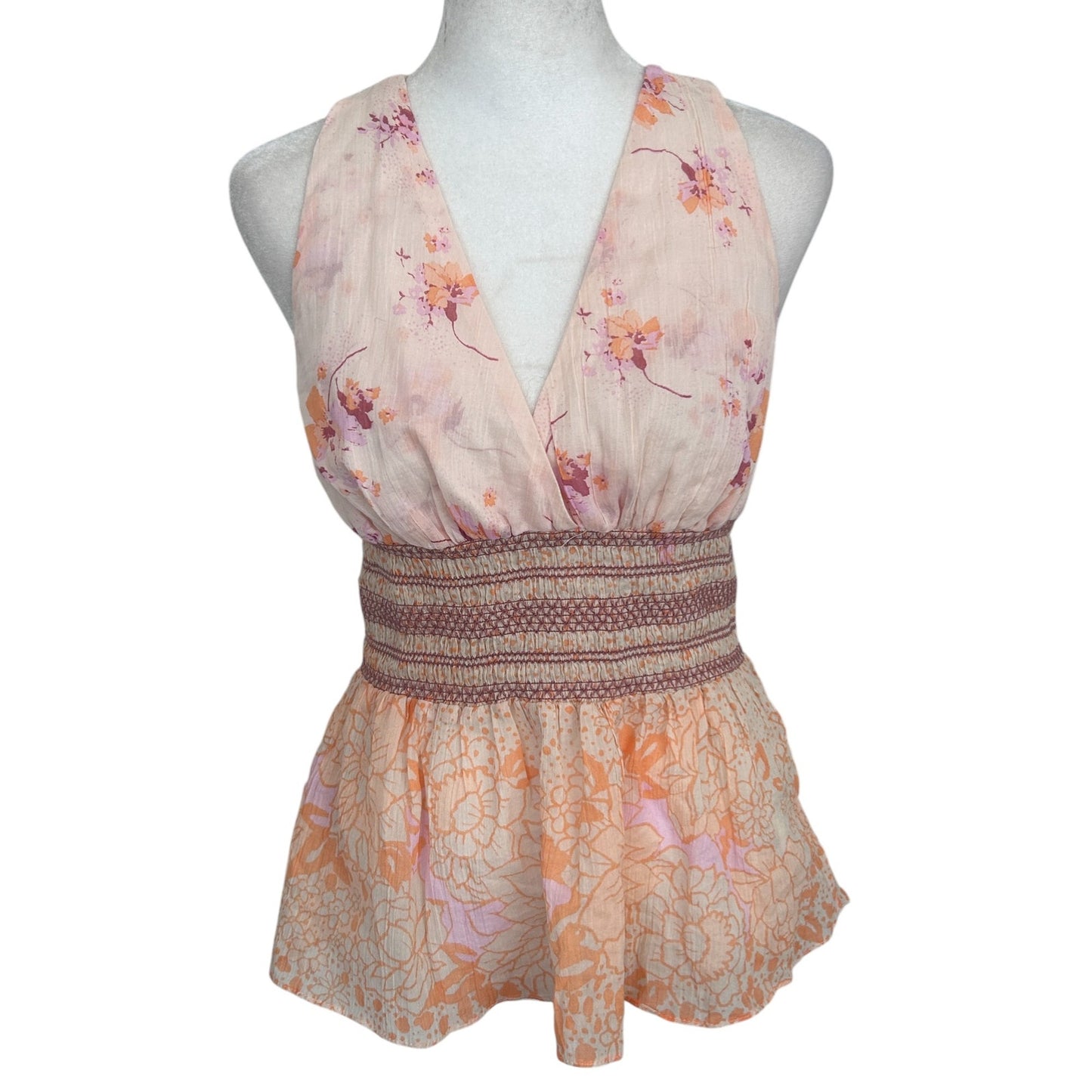 Free People NWT Brinkley Smocked Tan Pink Orange Floral Womens Size Small NEW