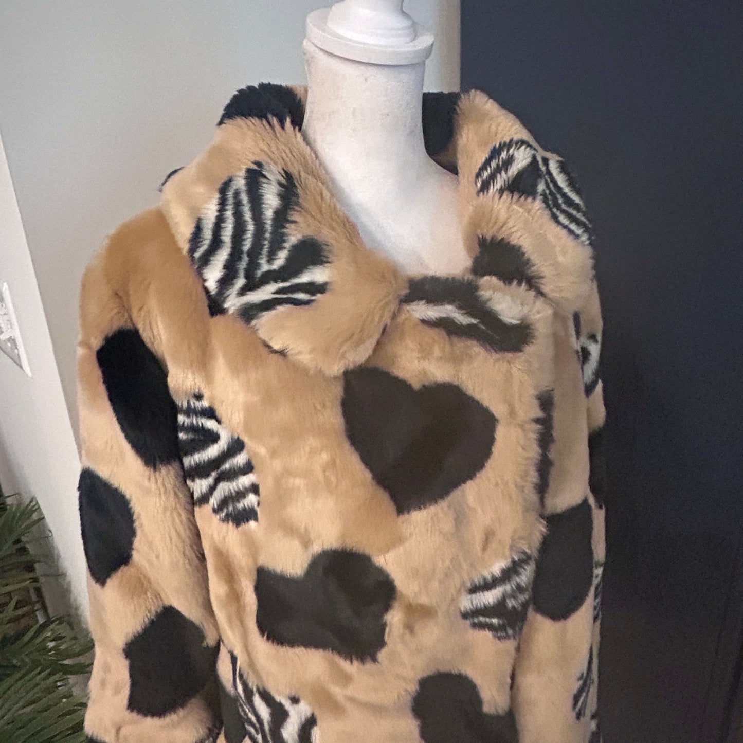 Anthropologie Maeve Faux Fur Coat Tan, Black and Zebra Hearts Womens Size Medium