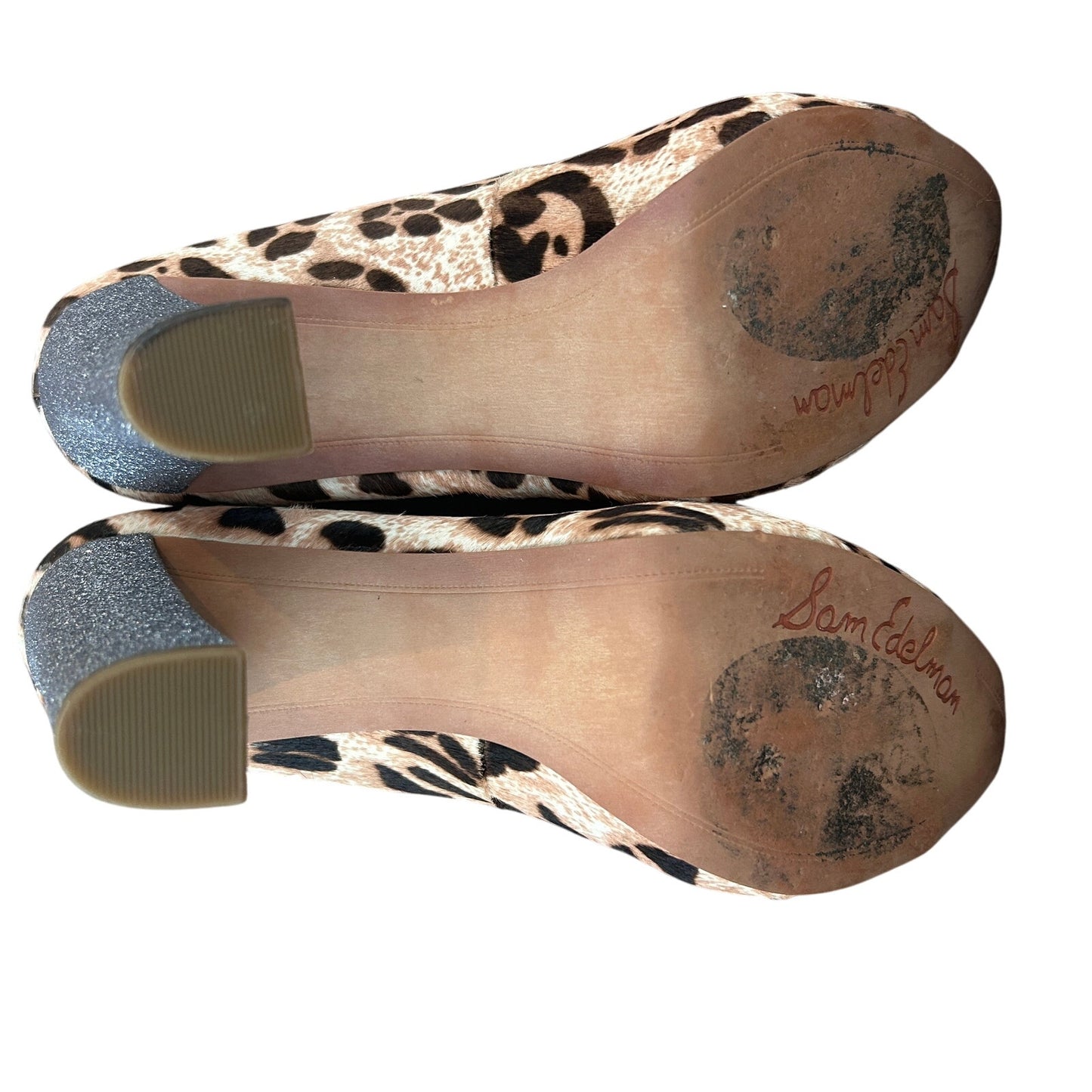 Sam Edelman Frances Cheetah Calf Hair Silver Platform Heel Pumps Womens Size 8.5