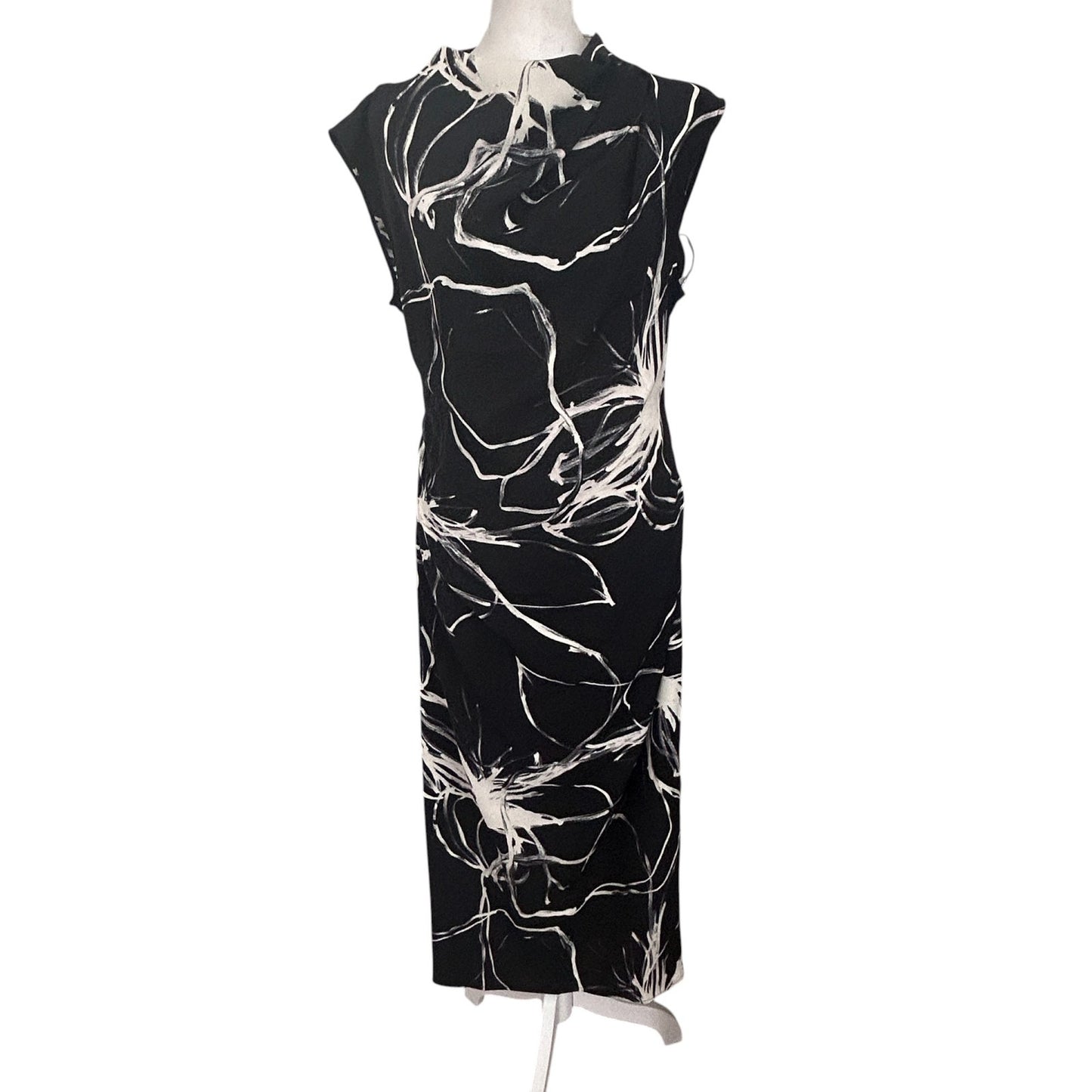 DKNY Black and Ivory Printed Mock-Neck Cap Sleeve Midi Dress Womens Size 6 NEW