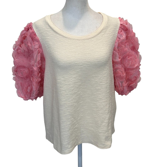 Maeve Anthropologie Ivory and Pink Tulle Puff Short Sleeve Top Womens Size Large