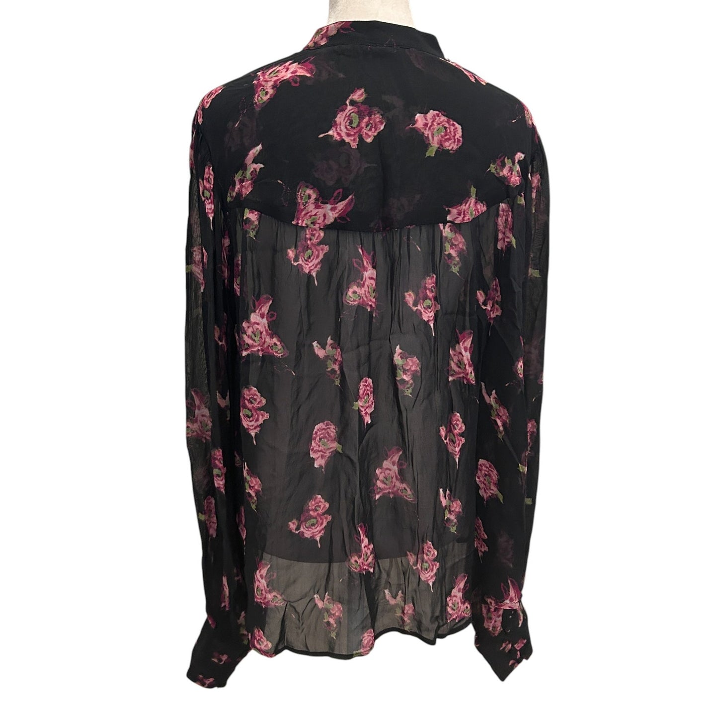 Anthropologie Black and Pink Floral Sheer Boho Flowy Blouse Womens Size Large