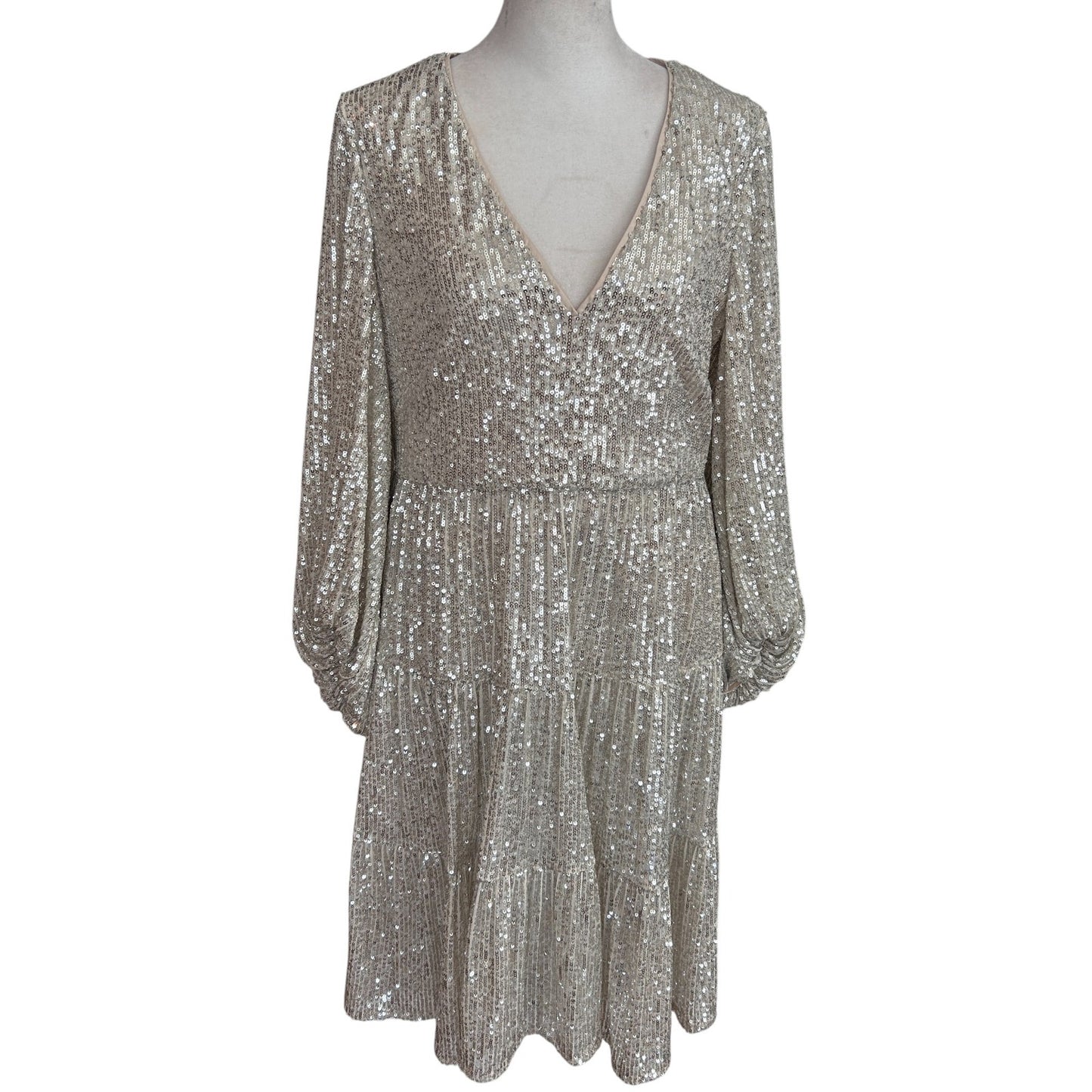 Eliza J Silver Sequined Balloon Sleeve Tiered Mini Dress EJ1M8892 Womens Size 10