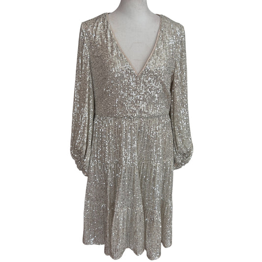Eliza J Silver Sequined Balloon Sleeve Tiered Mini Dress EJ1M8892 Womens Size 10