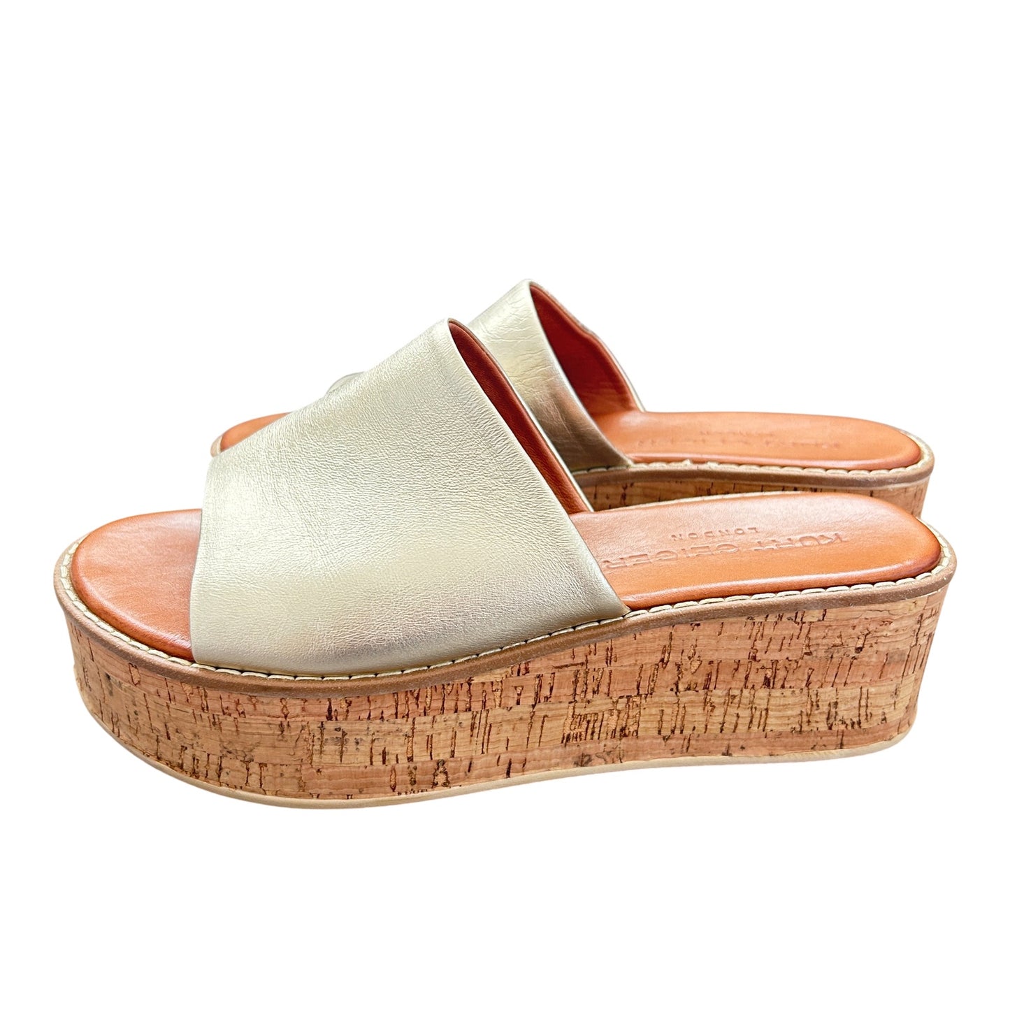 Kurt Geiger Maci Gold Leather Cork Heel Platform Slide Sandals Womens Size 7