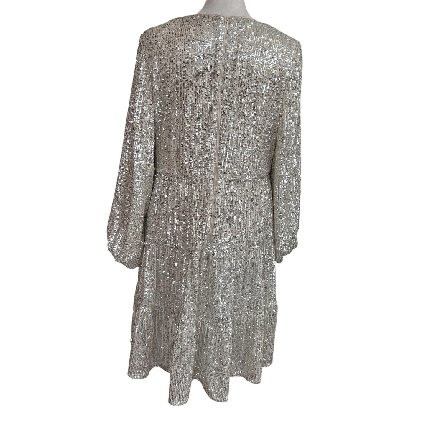 Eliza J Silver Sequined Balloon Sleeve Tiered Mini Dress EJ1M8892 Womens Size 10