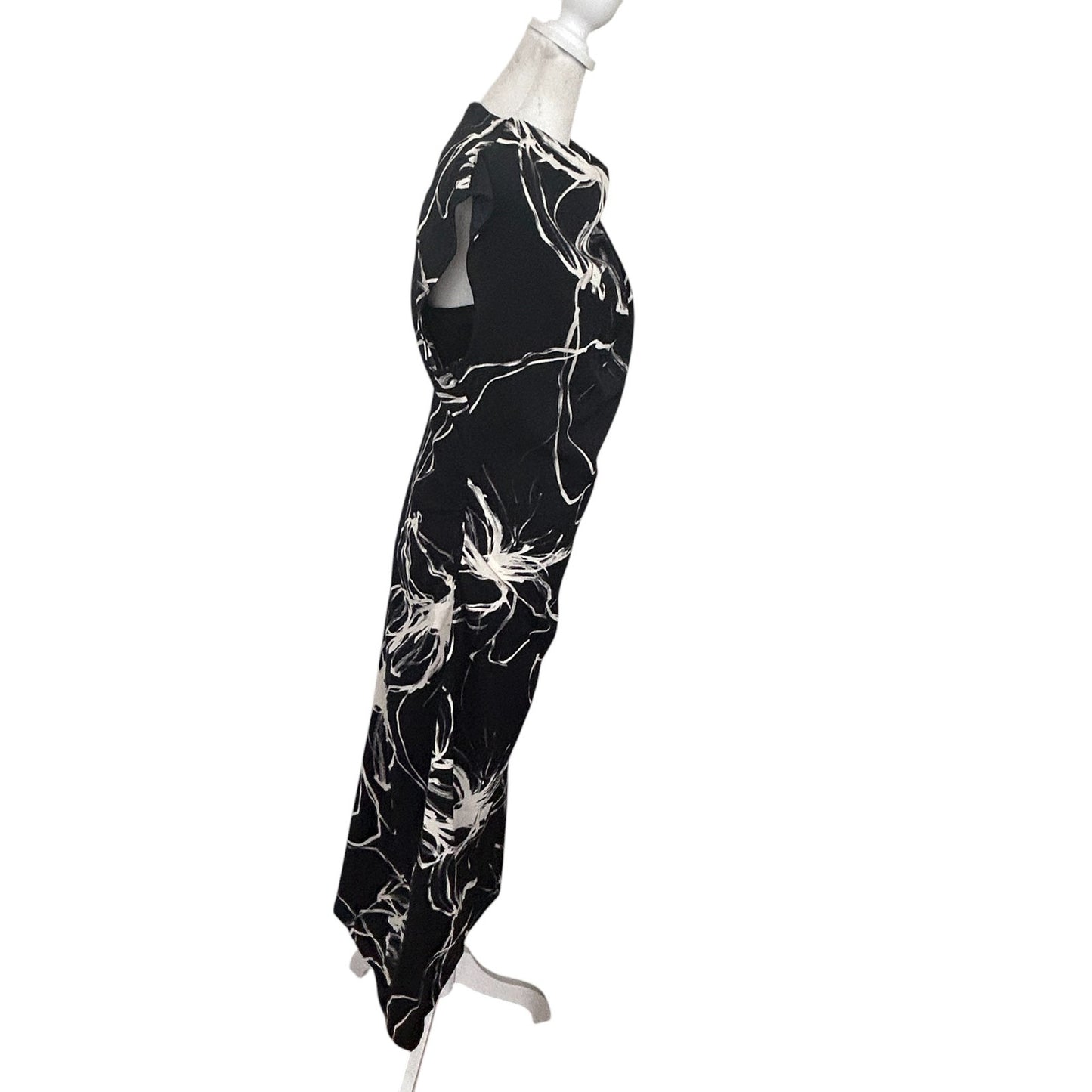 DKNY Black and Ivory Printed Mock-Neck Cap Sleeve Midi Dress Womens Size 6 NEW