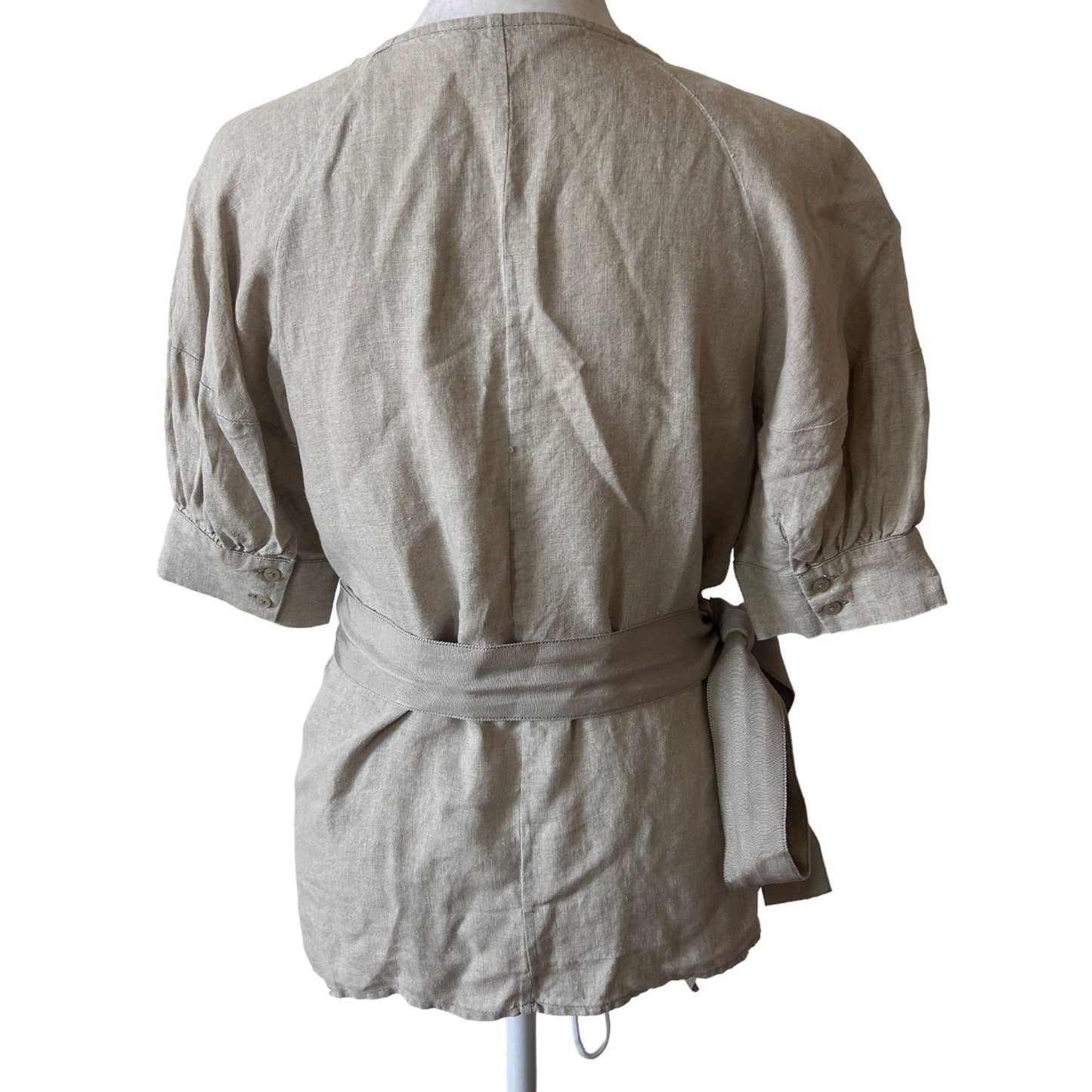 Club Monaco Tan Beige Linen Short Sleeve Wrap Top Blouse Womens Size XS