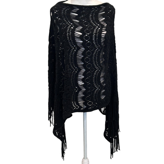 Do Everything In Love Black Crocheted and Fringed Poncho One Size