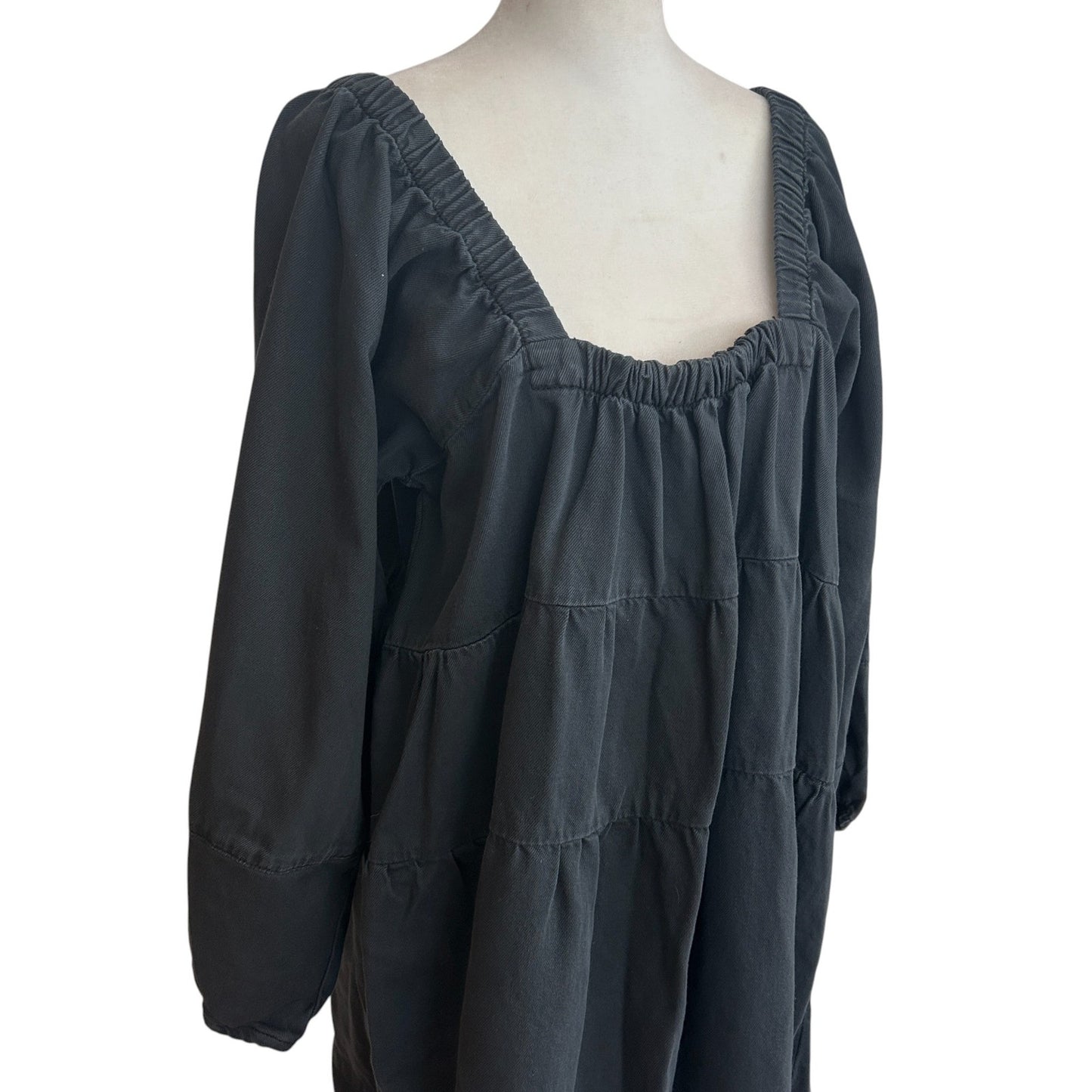 Free People Black Blue Jean Babydoll Dress Balloon Sleeve Womens Size Medium