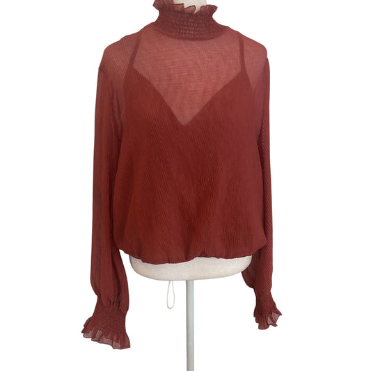 ASTR The Label Brown Long Sleeve Mock Neck Ruffled Blouse Womens Size XL