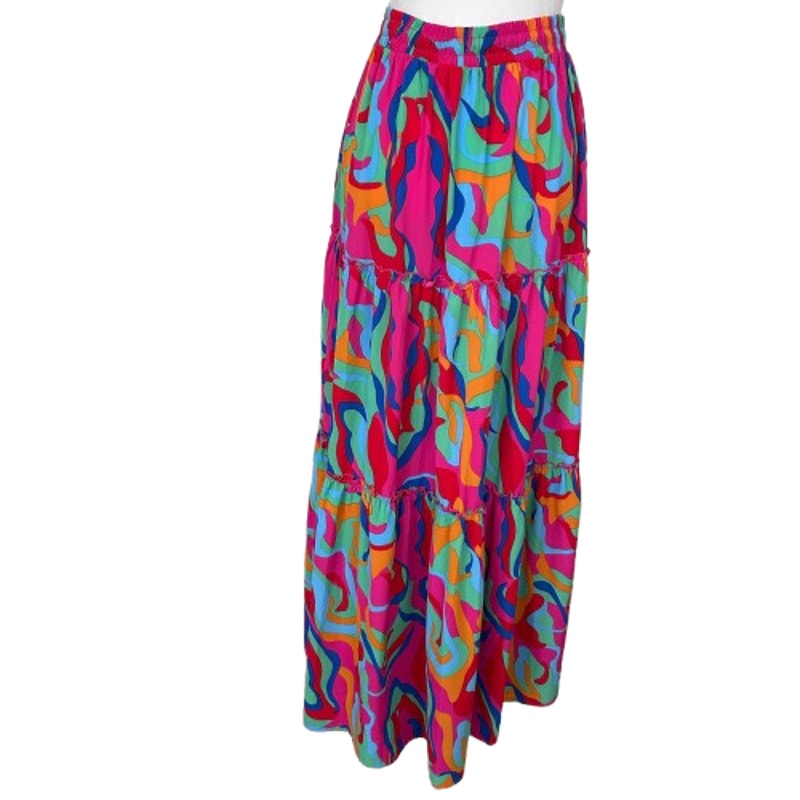 Pink, Blue, Green, Orange, Red Patterned BohoTiered Maxi Skirt Womens Size Small