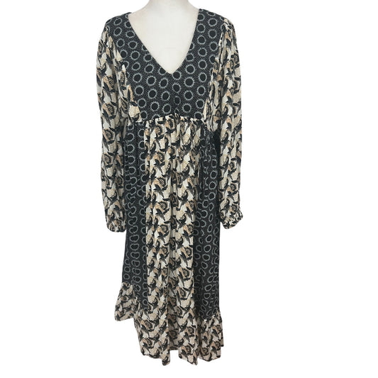 Treasure & Bond Black, Tan, Gold Floral Long Sleeve Maxi Dress Womens Size Large
