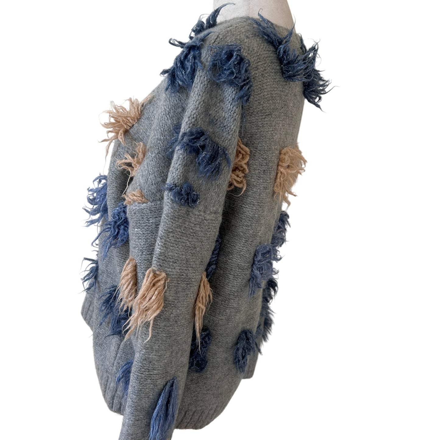 THML Gray, Blue, Tan Fringed Long Sleeve Pullover Sweater Womens Size Small