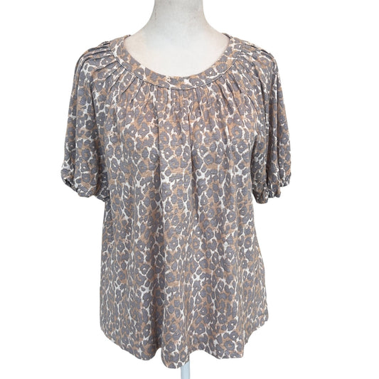 Maeve Anthropologie Gray, Tan Cheetah Short Sleeve Linen Top Womens Size Medium