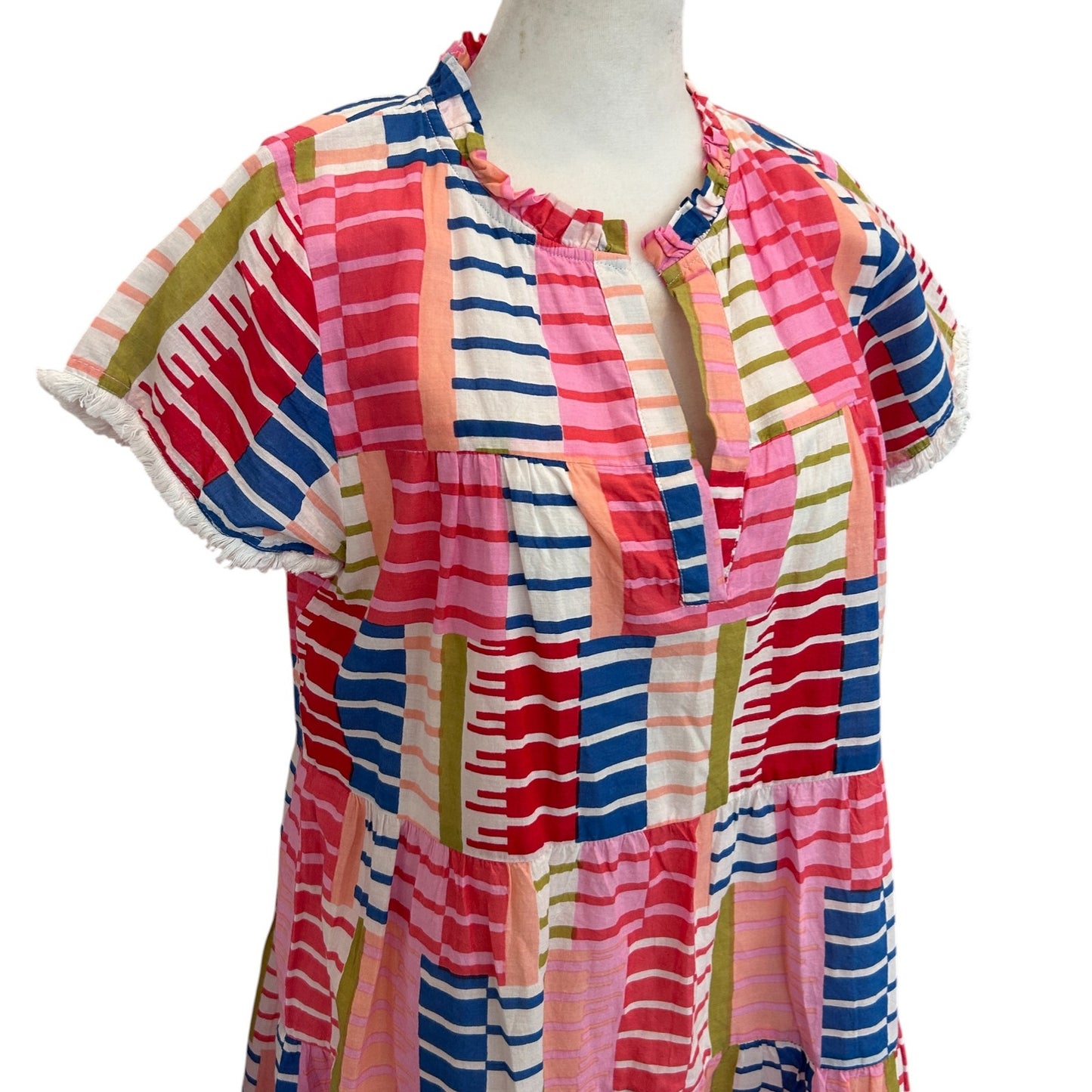 THML Pink, Green, Blue, White, Geometric Mini Ruffled Dress Womens Size Small