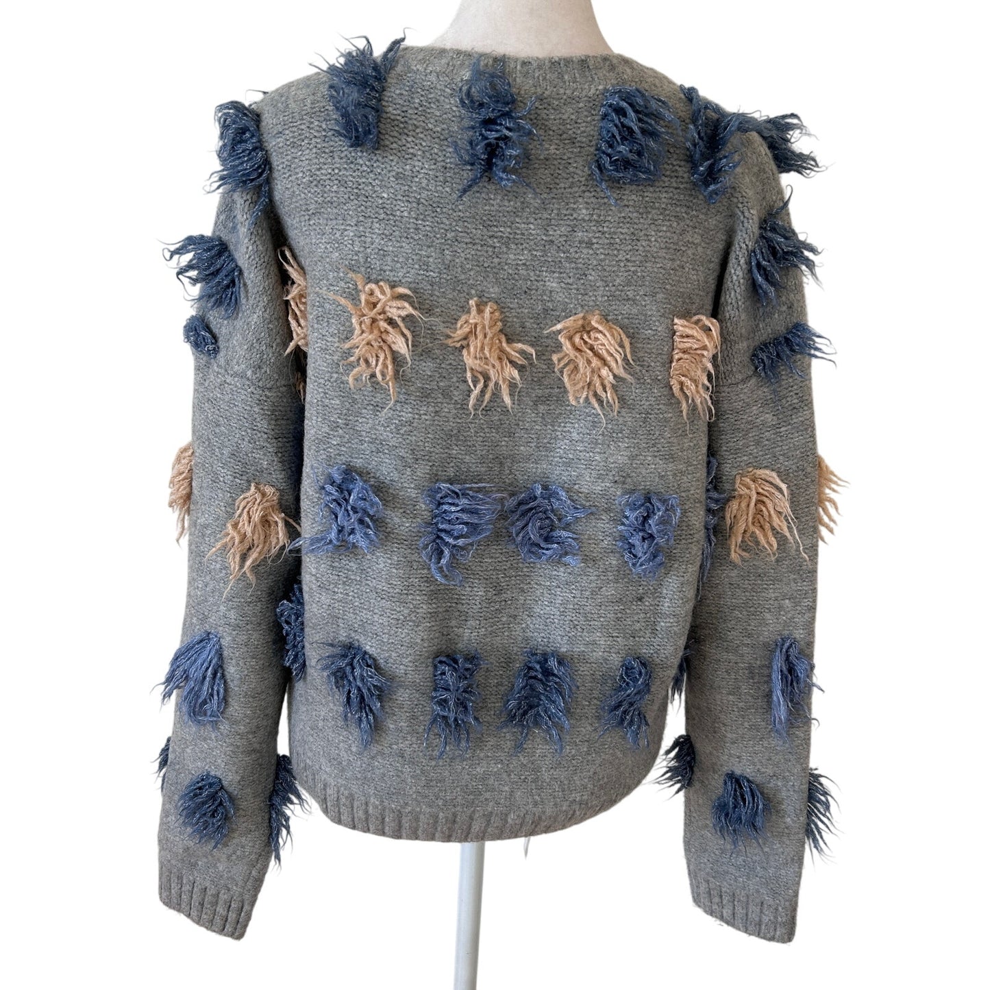 THML Gray, Blue, Tan Fringed Long Sleeve Pullover Sweater Womens Size Small
