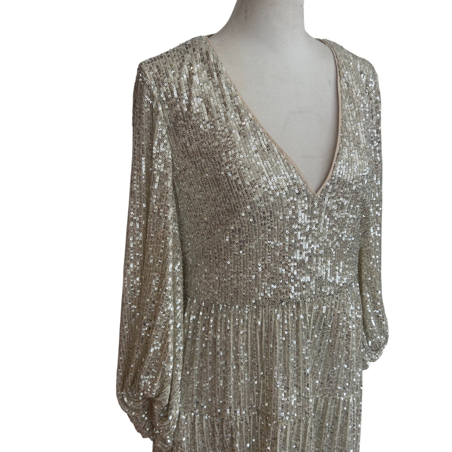 Eliza J Silver Sequined Balloon Sleeve Tiered Mini Dress EJ1M8892 Womens Size 10