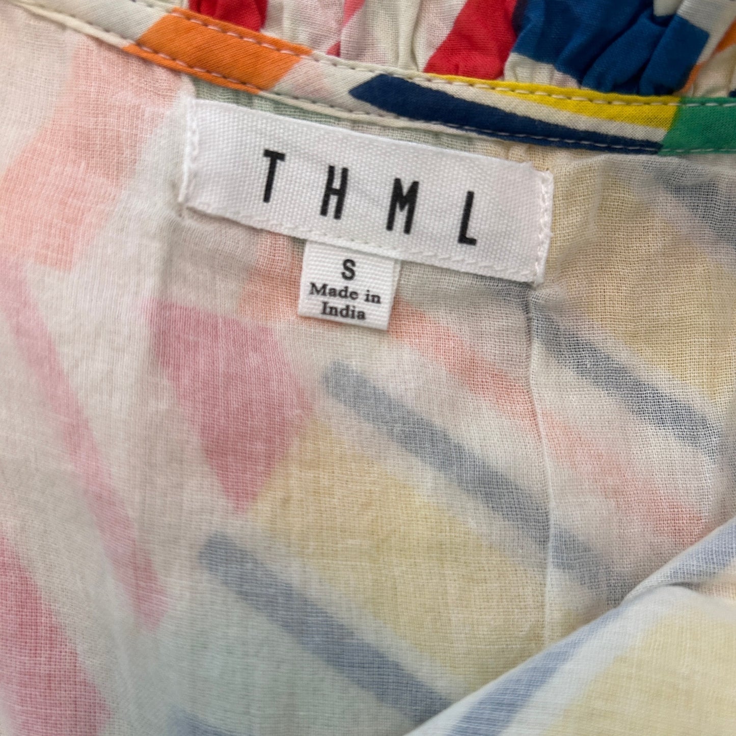 THML Bright Colors Geometric V-Neck Boho Mini Ruffled Dress Womens Size Small