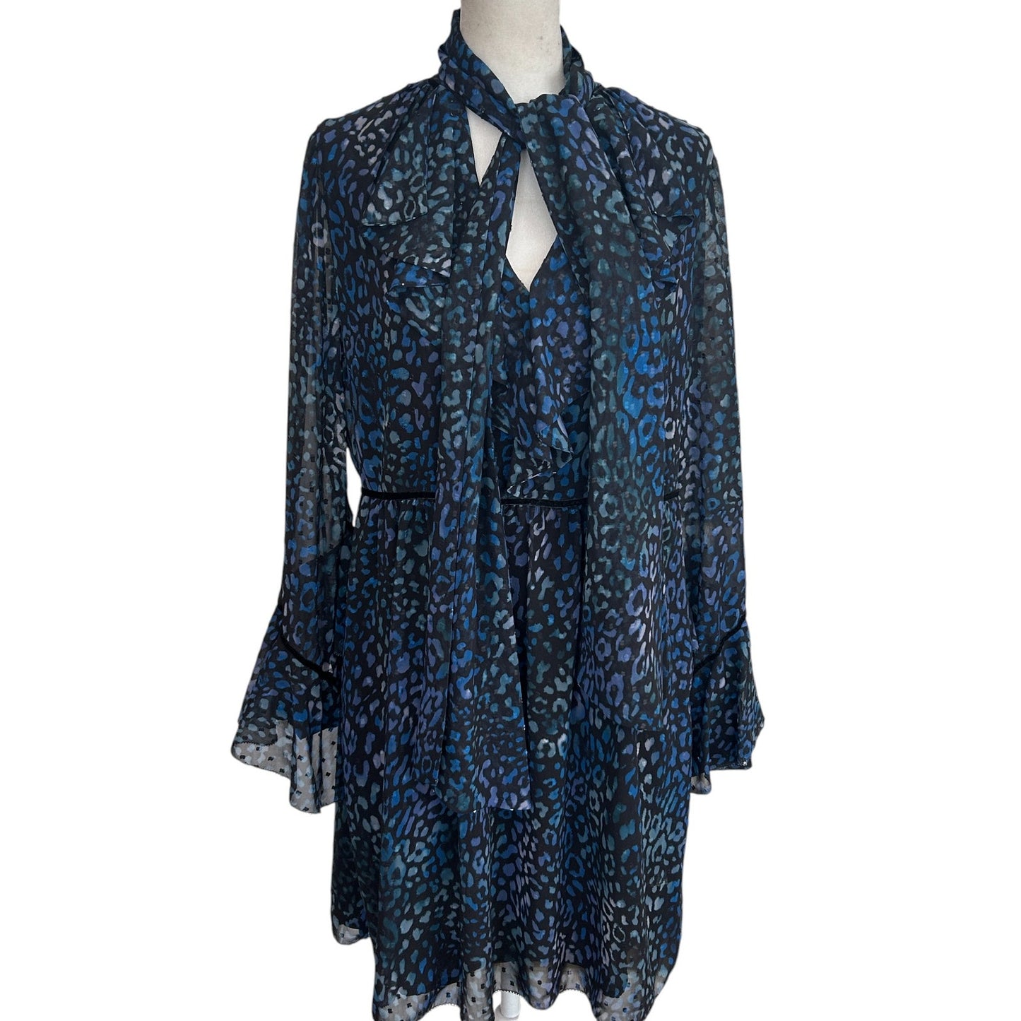 Laundry by Shelli Segal Blue Black Cheetah V-Neck Ruffled Dress Womens Size 8