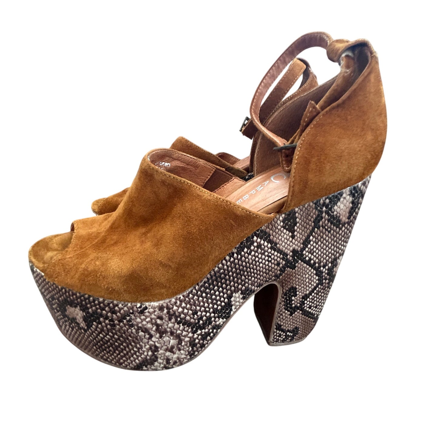 Jeffrey Campbell Studio Tan Open Toe Platform Heel Snakeskin Womens Size 8.5