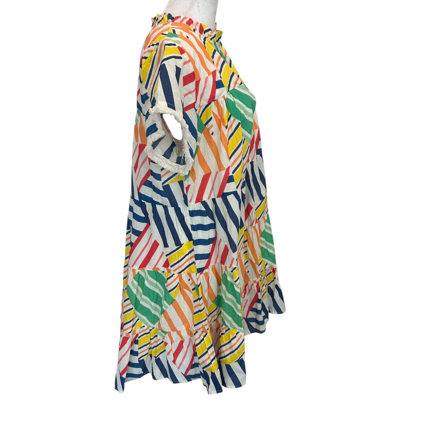 THML Bright Colors Geometric V-Neck Boho Mini Ruffled Dress Womens Size Small